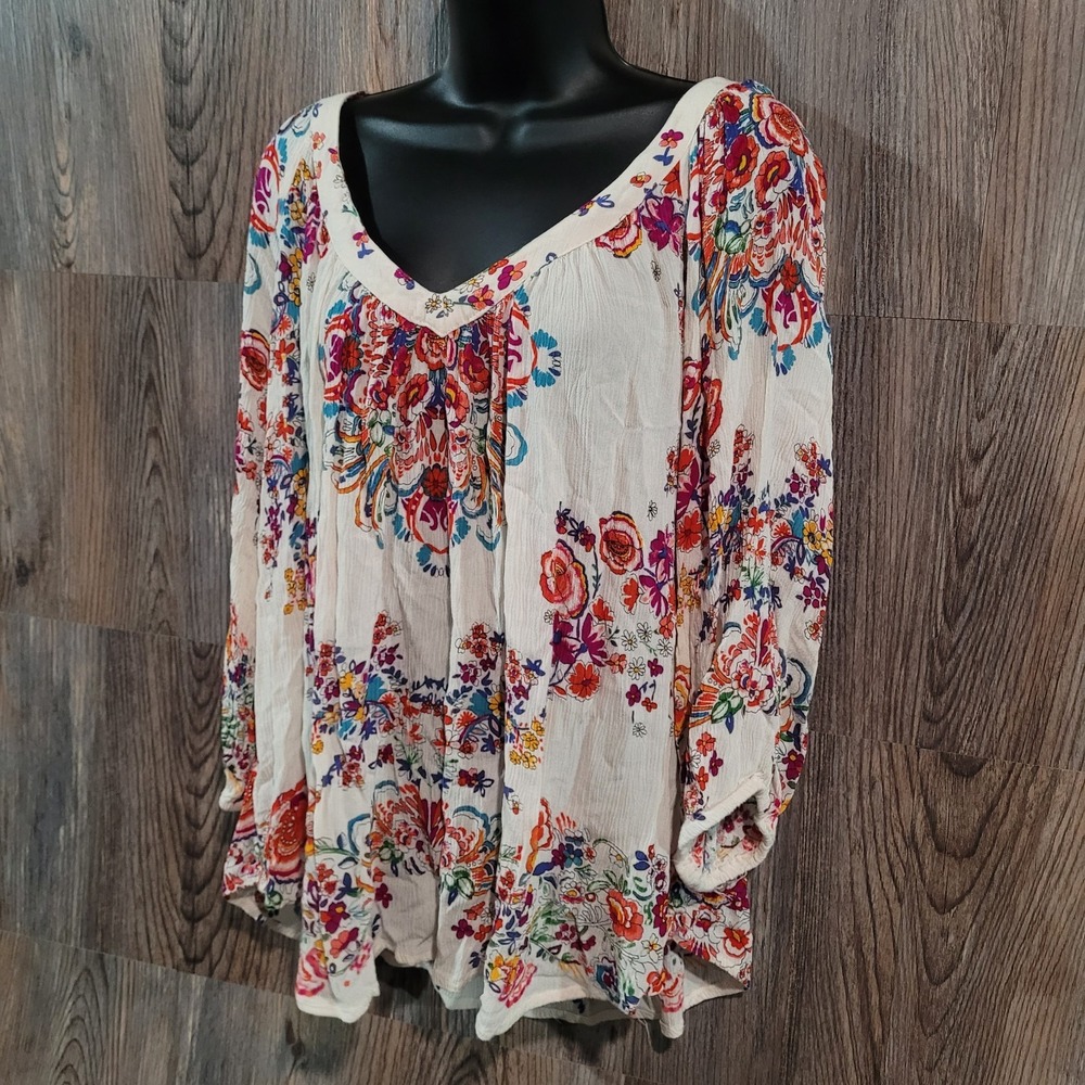 Bila Boho Floral Peasant Blouse XXL 2XL Ivory Multi Deep V-Neck 3/4 Balloon Slv - Picture 6 of 10